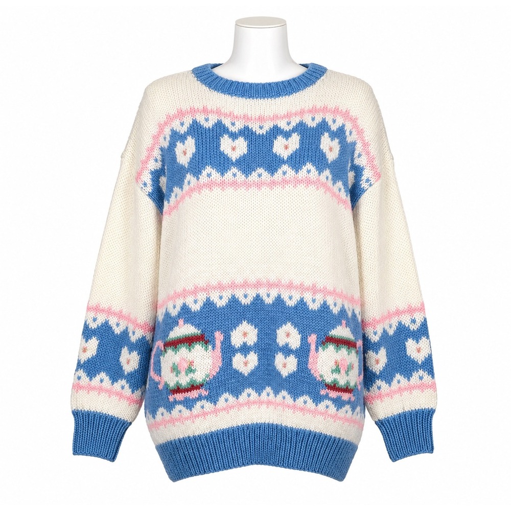 Hand Knit Teapot‎ Sweater Grandmacore Cottagecore Blue Pink Tea Cozy